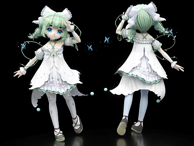 Anime Game Movie Character Green Hair White Dress With Butterfly Decorations Figure 3d model