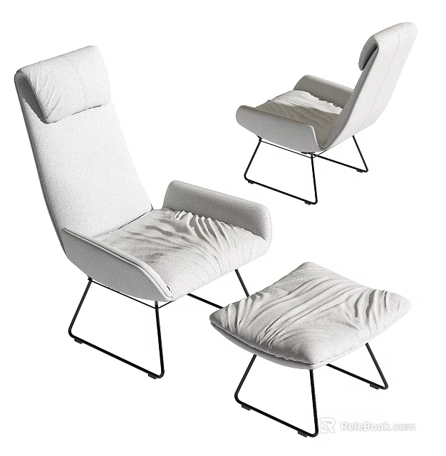 White Fabric Lounge Chair With Black Metal Frame And Ottoman Modern Design 3d model 