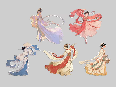 Group of Women in Traditional Ancient Style Costumes With Flowing Robes And Elegant Dance Poses 3d model