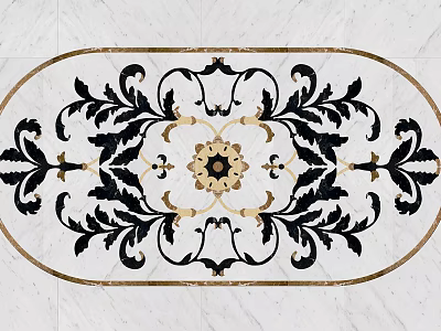 White Marble Floor With Oval Black And Gold Leaf Floral Decorative Pattern 3d model