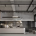 Modern Coffee Shop Interior With Gray Walls Hanging Lights Bar Counter And Tables