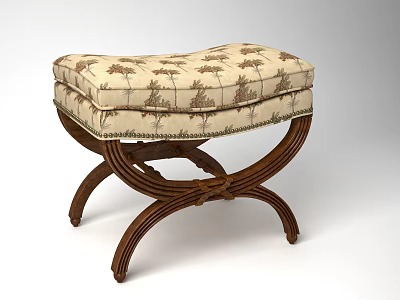 Curved Wooden Legs Rattan Weaving Footstool With Floral Pattern Upholstered Cushion 3d model