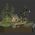 Cartoon Scene Featuring Small Wooden House Pine Trees Vegetable Garden Grass And Stones