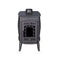 Black Cast Iron Heating Stove With Ribbed Design Four Legs And Top Chimney