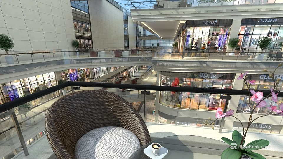 Modern Shopping Mall Atrium Interior Design With Wicker Chair Coffee Cup And Green Plants 3d model 