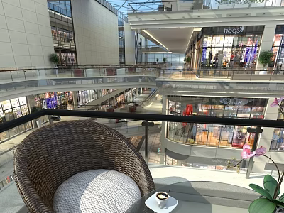Modern Shopping Mall Atrium Interior Design With Wicker Chair Coffee Cup And Green Plants 3d model