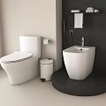 Modern White Toilet In Bathroom With Trash Can Toilet Paper Roll And Sink