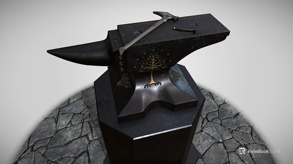 Heavy Duty Industrial Anvil With Hammer Tools Carved Tree Design On Stone Base 3d model 