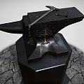 Heavy Duty Industrial Anvil With Hammer Tools Carved Tree Design On Stone Base