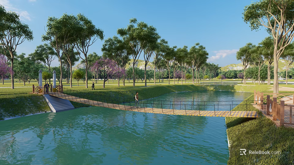 Beautiful Landscape Bridge Over River Surrounded By Tall Trees And Lush Grass 3d model 