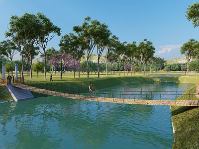 Beautiful Landscape Bridge Over River Surrounded By Tall Trees And Lush Grass 3d model