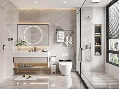 Modern Bathroom Interior With Marble Walls Round Backlit Mirror Glass Shower And Vanity 3d model
