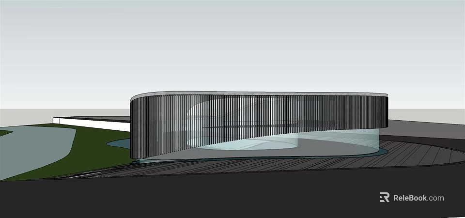 Modern Museum Building with Curved Glass Facade Metal Panels and Green Landscape Design 3d model 