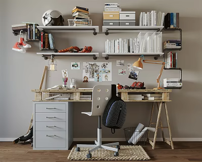 Organized Wooden Desk Setup With Floating Shelves Books Lamp Chair And 3d model
