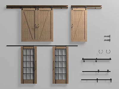 Double And Single Panel Wooden Barn Doors With Glass Inserts Sliding Hardware Track Systems 3d model