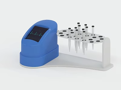 Blue Medical Device With Digital Display And White Pipette Tips Rack 3d model