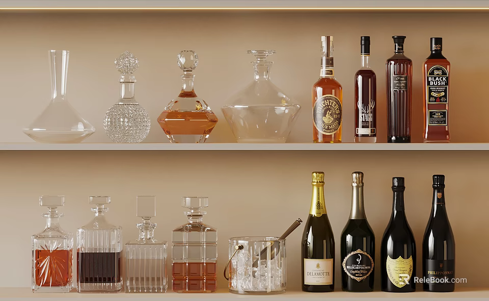 Various Alcohol Bottles And Glass Decanters On Shelf Display With Spirits 3d model 
