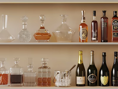 Various Alcohol Bottles And Glass Decanters On Shelf Display With Spirits 3d model