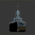 Large Military Battleship with Red White Striped Bow Blue Hull and Turrets on Deck