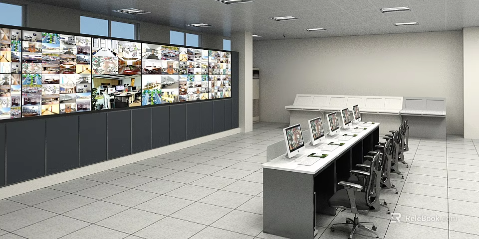 Modern Monitoring Room Interior With Multiple Monitor Screens Control Desks Computer Workstations And Chairs 3d model 