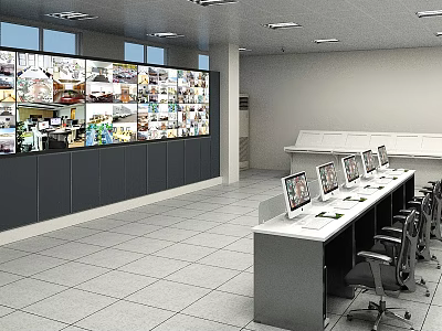 Modern Monitoring Room Interior With Multiple Monitor Screens Control Desks Computer Workstations And Chairs 3d model
