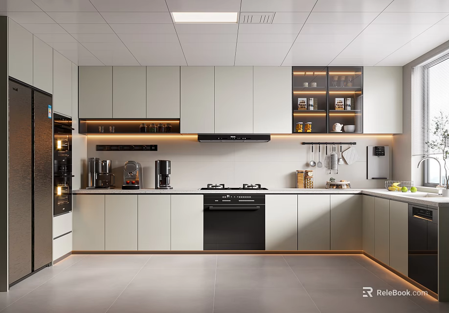 Modern Kitchen Interior With Light Gray Cabinets Black Appliances And Recessed Lighting 3d model 