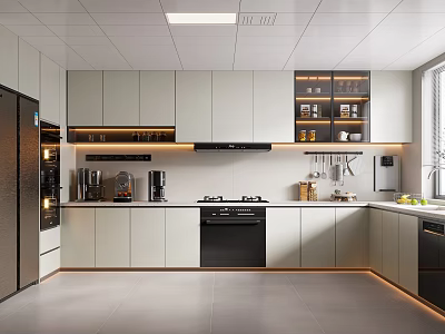 Modern Kitchen Interior With Light Gray Cabinets Black Appliances And Recessed Lighting 3d model
