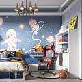 Kids Room With Blue Walls Astronaut Murals Stars Moons Bed Desk Gaming Chair And Chandelier
