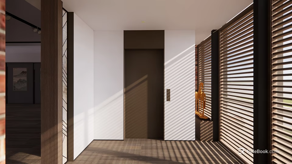 Modern Elevator Corridor Interior With Light Shadows And Wooden Elements 3d model 