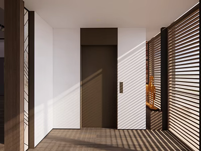 Modern Elevator Corridor Interior With Light Shadows And Wooden Elements 3d model