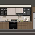 Modern Kitchen Interior With Wooden Cabinets Countertop White Refrigerator And Black Oven