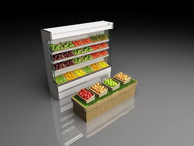 Multi Layer Display Shelf With Fresh Colorful Fruits And Wooden Base For Store 3d model
