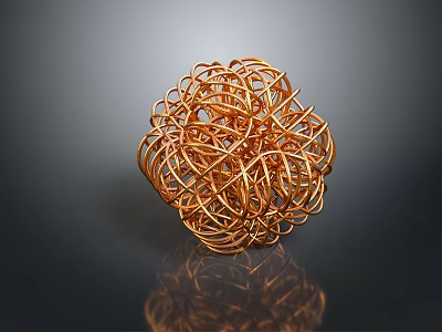 Copper Wire Spherical Sculpture With Intertwined Metal Design And Reflection On Dark Background 3d model