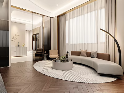 Elegant Modern Hotel Guest Room With Curved Sofa Round Rug And Floor To Ceiling Windows 3d model