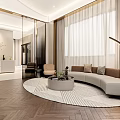 Elegant Modern Hotel Guest Room With Curved Sofa Round Rug And Floor To Ceiling Windows