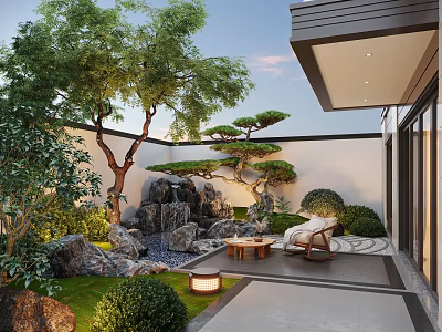 Traditional Courtyard Garden with Rockery Water Feature Pine Tree Stones Lawn and Seating Area 3d model