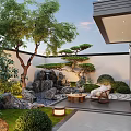Traditional Courtyard Garden with Rockery Water Feature Pine Tree Stones Lawn and Seating Area