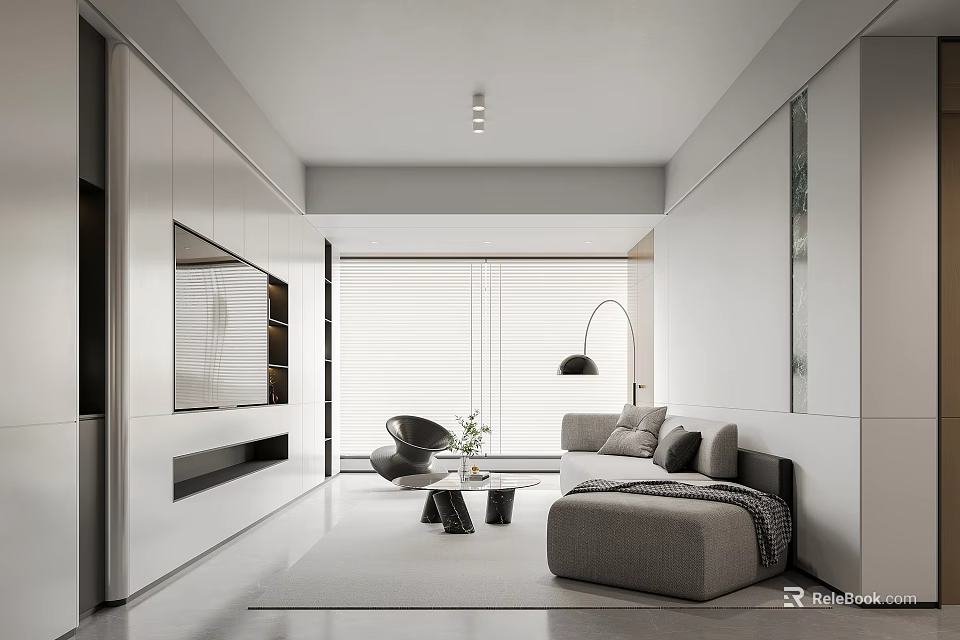 Modern Living And Dining Area Interior With Sofa Coffee Table And Floor Lamp 3d model