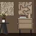 Modern Elegant Nightstand Design With Perforated Door Decorative Paintings And Flower Vase