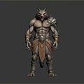 Wolf Humanoid Character With Muscular Build Orange Skirt And Arm Guards Standing Pose
