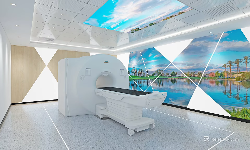 Hospital Outpatient Clinic CT Scanning Room With Modern Design And Natural Landscape Murals 3d model 