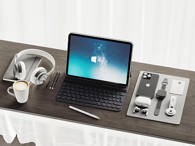 Modern Tablet Desktop Setup With Keyboard Headphones Coffee Cup And Tech Accessories 3d model