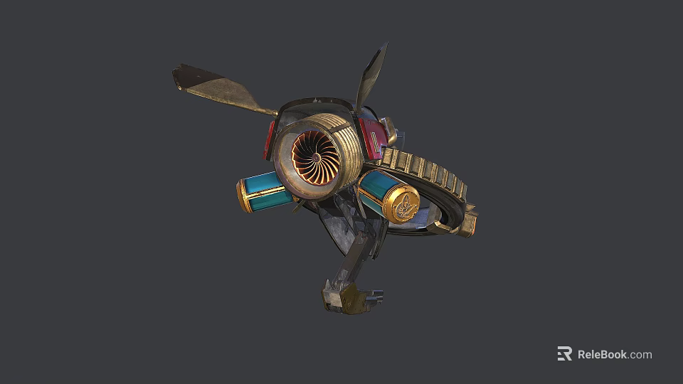 Detailed Steampunk Mechanical Structure Featuring Propeller Turbine Gears And Colored Pipes 3d model 