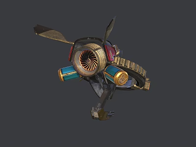 Detailed Steampunk Mechanical Structure Featuring Propeller Turbine Gears And Colored Pipes 3d model