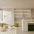 Modern Boutique Store Interior With White Display Shelves Green Sofa And Seating Area