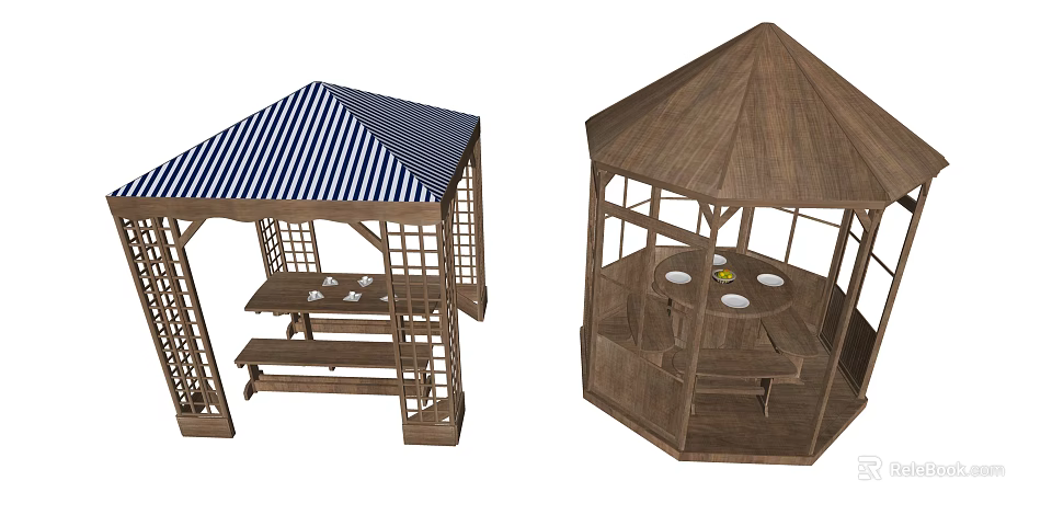 Outdoor Gazebos With Wooden Structure Striped Roof Octagonal Design And Tables Benches 3d model 