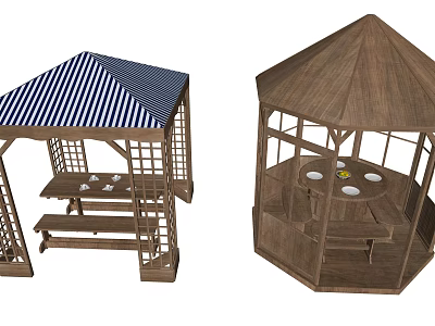 Outdoor Gazebos With Wooden Structure Striped Roof Octagonal Design And Tables Benches 3d model