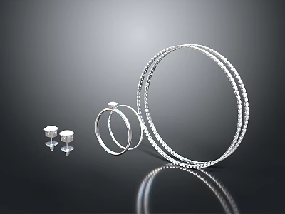 Silver Jewelry Set Including Large Hoop Earrings Small Hoops And Studs On Black Reflective Background 3d model
