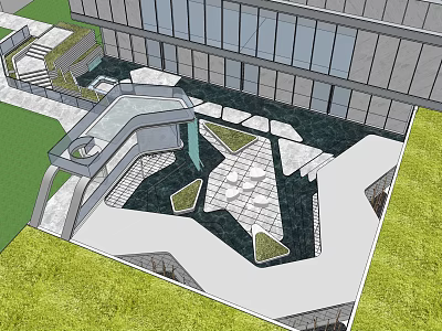 Modern Garden Landscape Design With Geometric Paving Green Spaces And Glass Building 3d model
