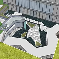 Modern Garden Landscape Design With Geometric Paving Green Spaces And Glass Building